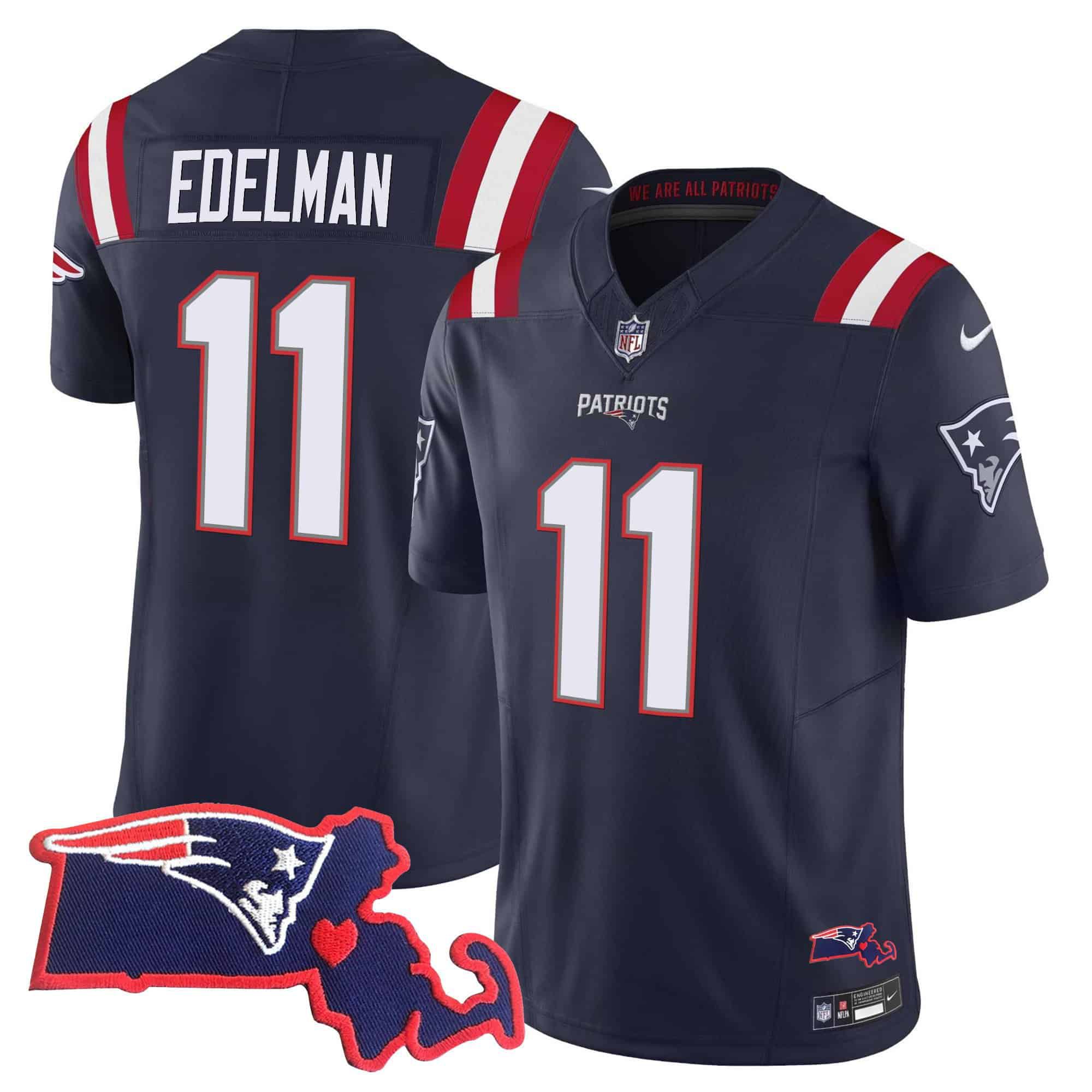 Men New England Patriots #11 Edelman Dark blue 2024 Nike Patch Vapor Limited NFL Jersey style 1